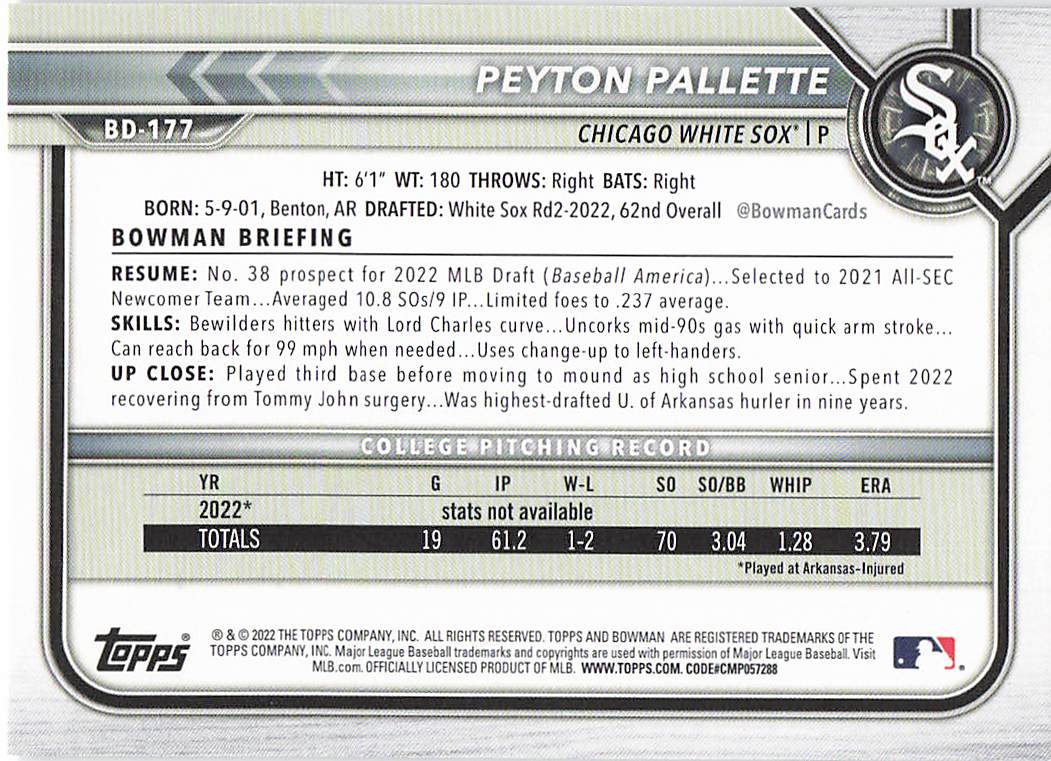 2022 Bowman Draft Baseball Peyton Pallette #BD-177