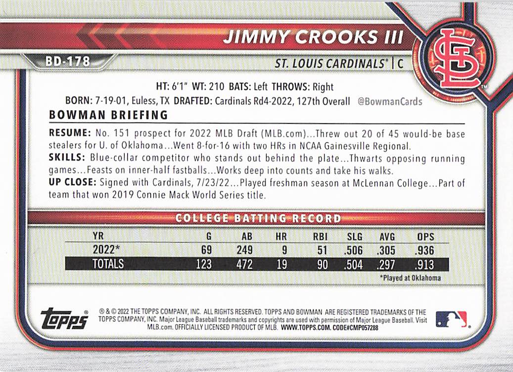 2022 Bowman Draft Baseball Jimmy Crooks III #BD-178