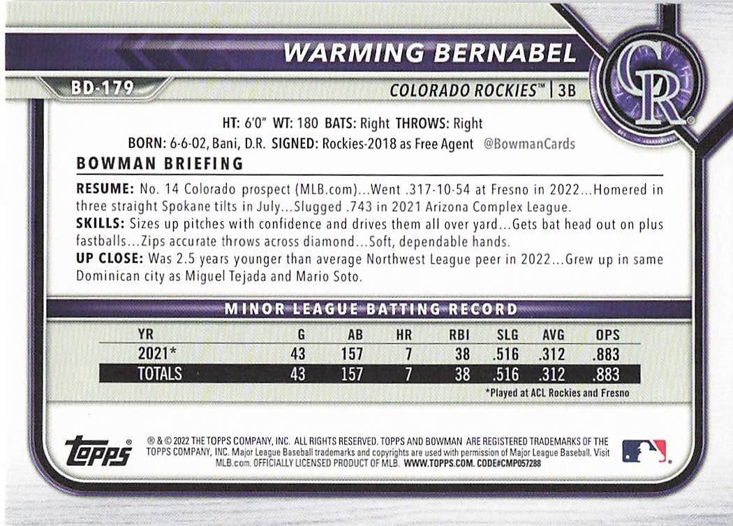 2022 Bowman Draft Baseball Green Warming Bernabel #BD-179