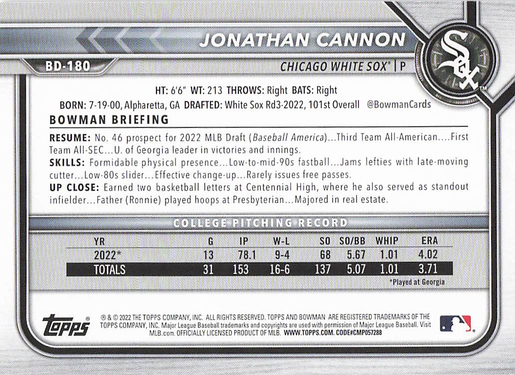2022 Bowman Draft Baseball Jonathan Cannon #BD-180