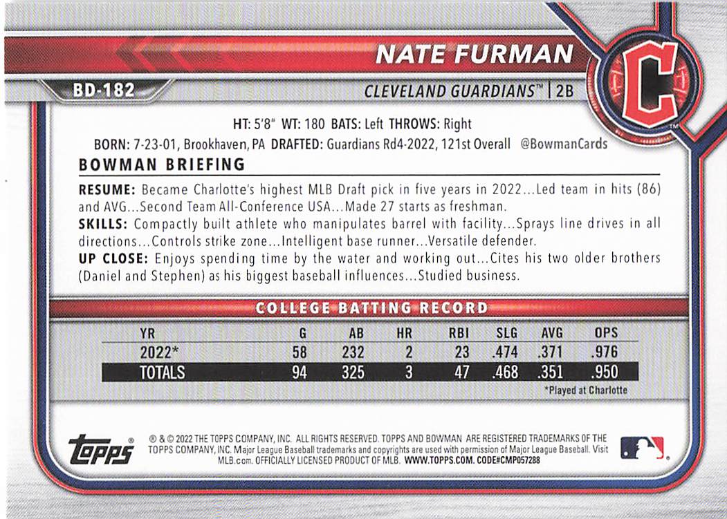 2022 Bowman Draft Baseball Nate Furman #BD-182