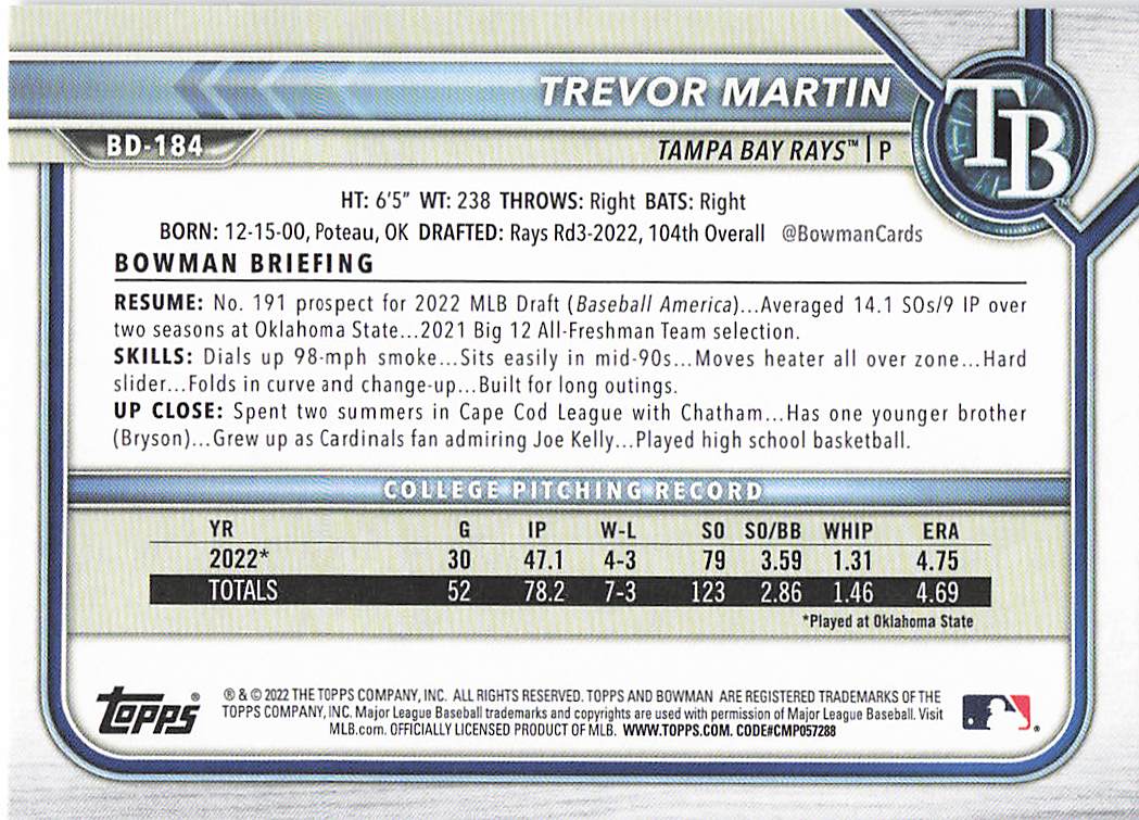 2022 Bowman Draft Baseball Trevor Martin #BD-184