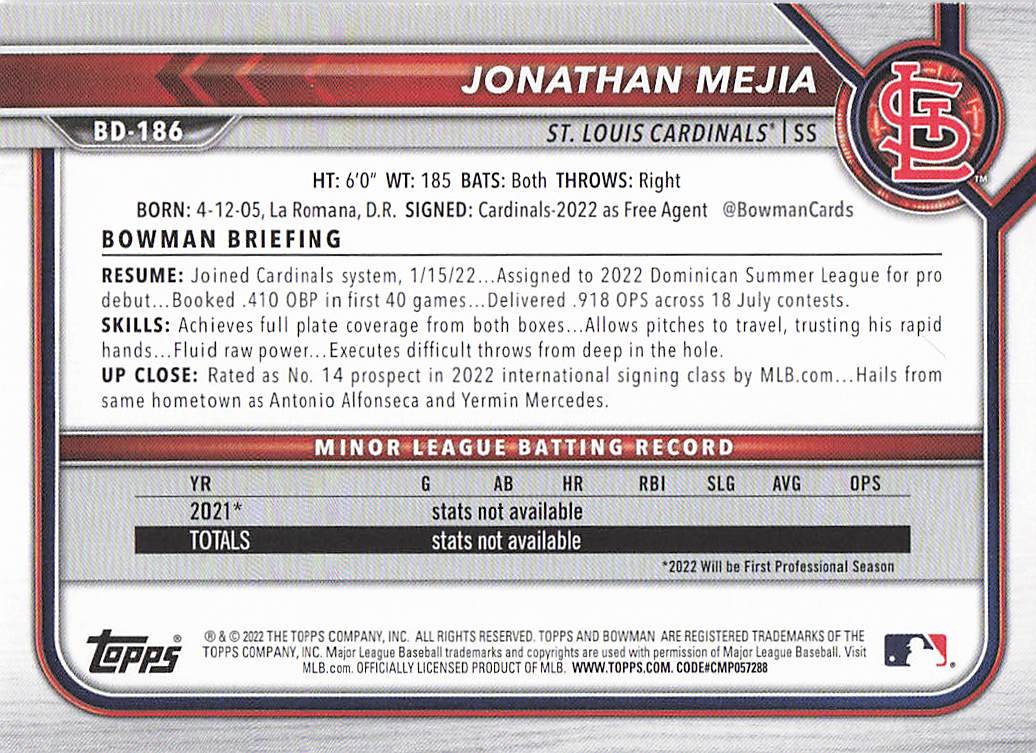 2022 Bowman Draft Baseball Jonathan Mejia #BD-186
