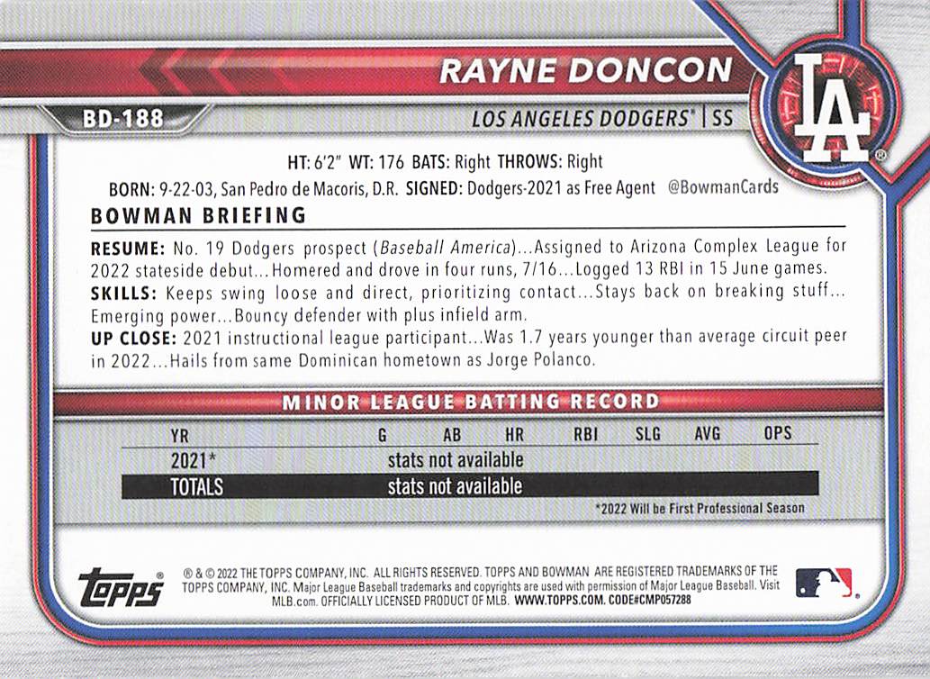 2022 Bowman Draft Baseball Rayne Doncon #BD-188
