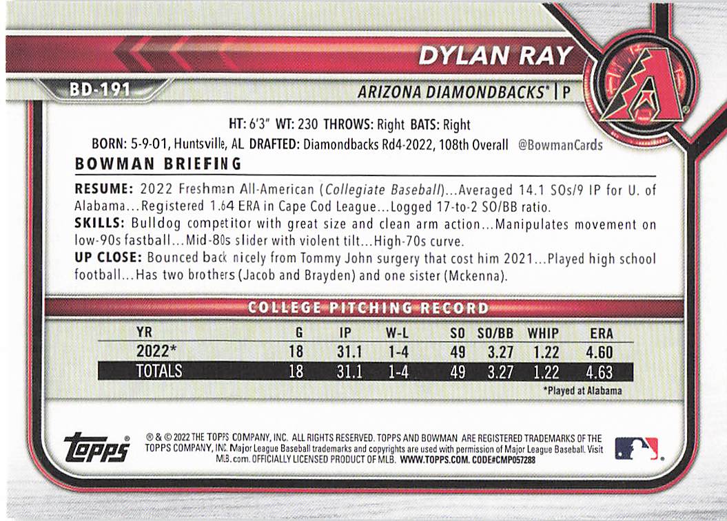 2022 Bowman Draft Baseball Dylan Ray #BD-191