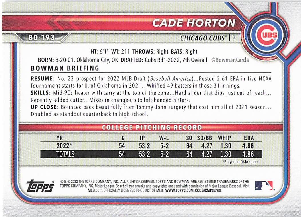 2022 Bowman Draft Baseball Cade Horton #BD-193