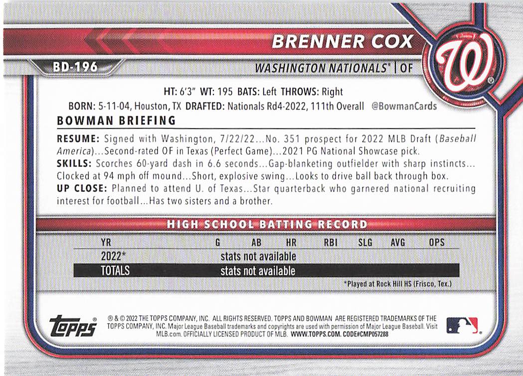 2022 Bowman Draft Baseball Brenner Cox #BD-196
