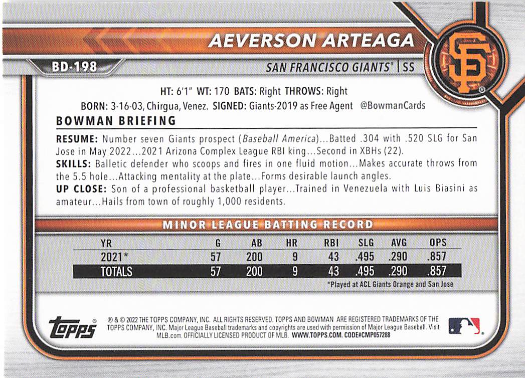 2022 Bowman Draft Baseball Aeverson Arteaga #BD-198