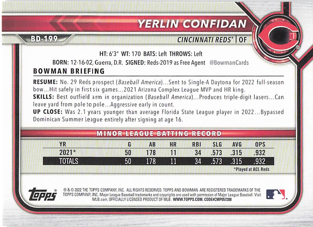 2022 Bowman Draft Baseball Yerlin Confidan #BD-199