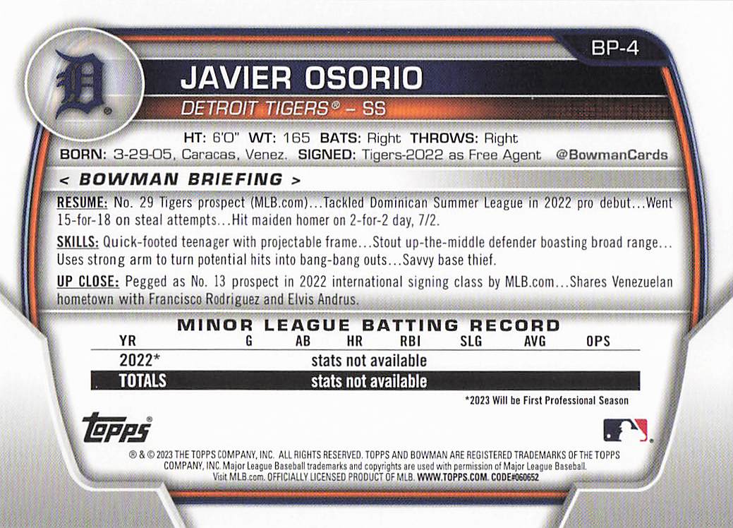 2023 Bowman Baseball Prospects Javier Osorio #BP-4