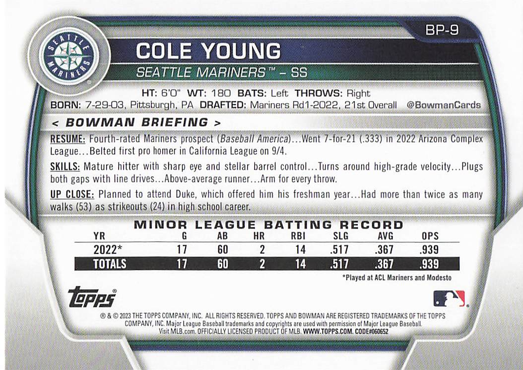 2023 Bowman Baseball Prospects Cole Young #BP-9