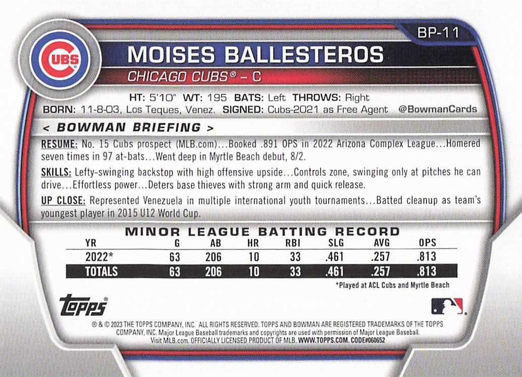 2023 Bowman Baseball Prospects Moises Ballesteros #BP-11