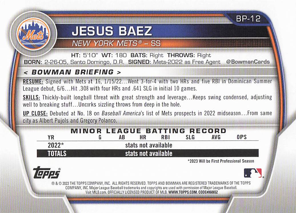 2023 Bowman Baseball Prospects Jesus Baez #BP-12
