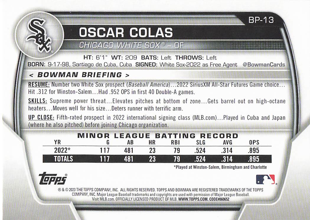 2023 Bowman Baseball Prospects Oscar Colas #BP-13