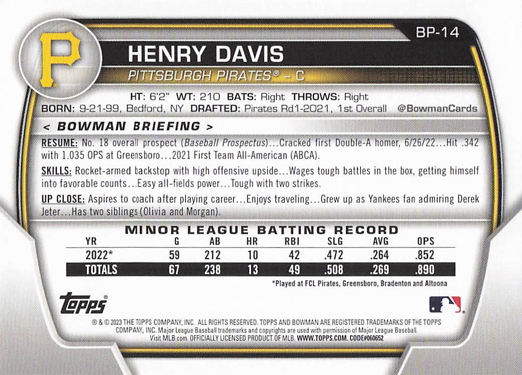 2023 Bowman Baseball Prospects Henry Davis #BP-14