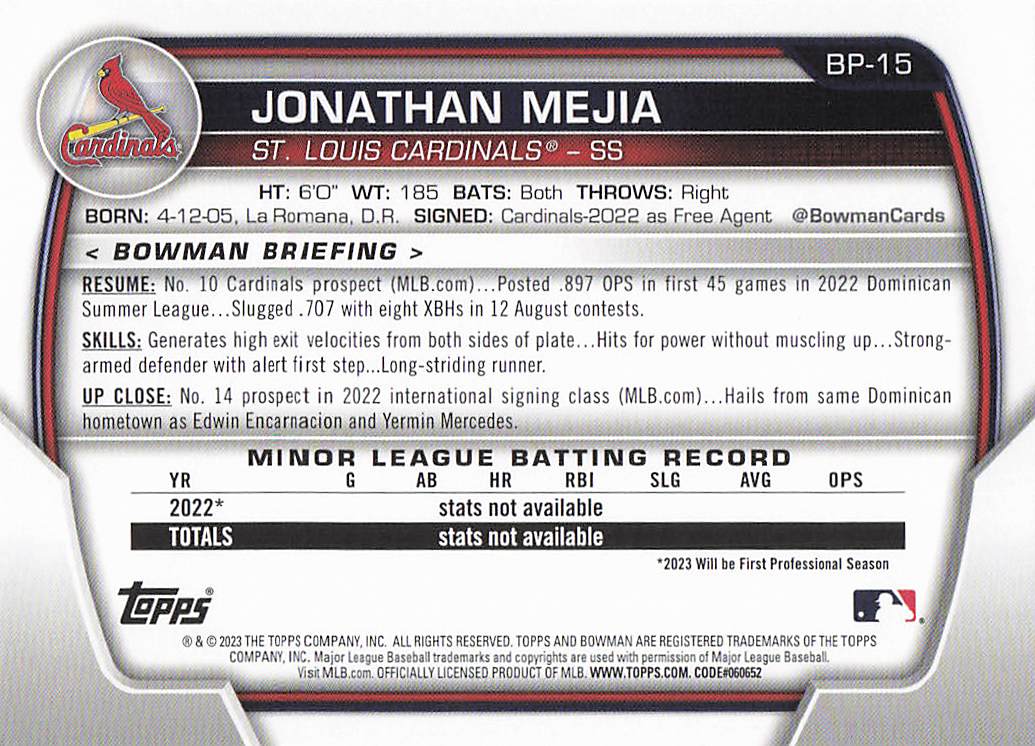 2023 Bowman Baseball Prospects Jonathan Mejia #BP-15