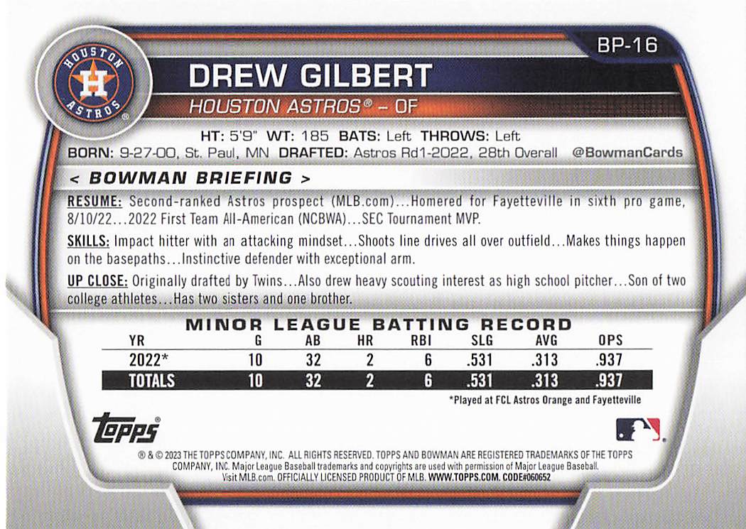 2023 Bowman Baseball Prospects Drew Gilbert #BP-16