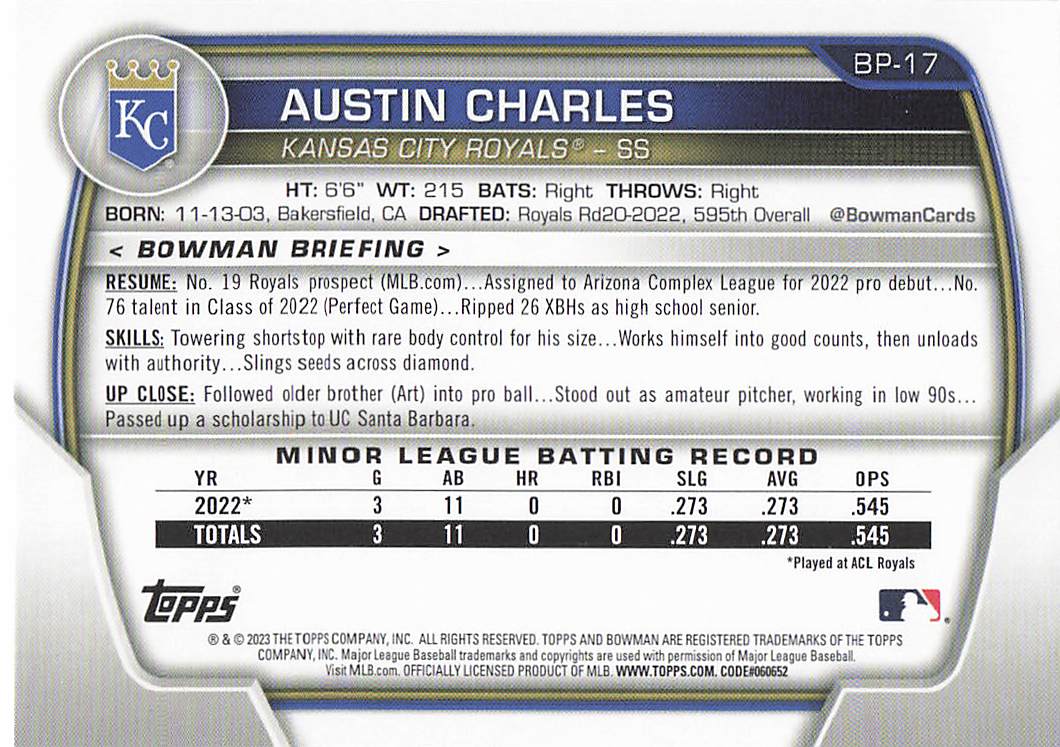 2023 Bowman Baseball Prospects Austin Charles #BP-17