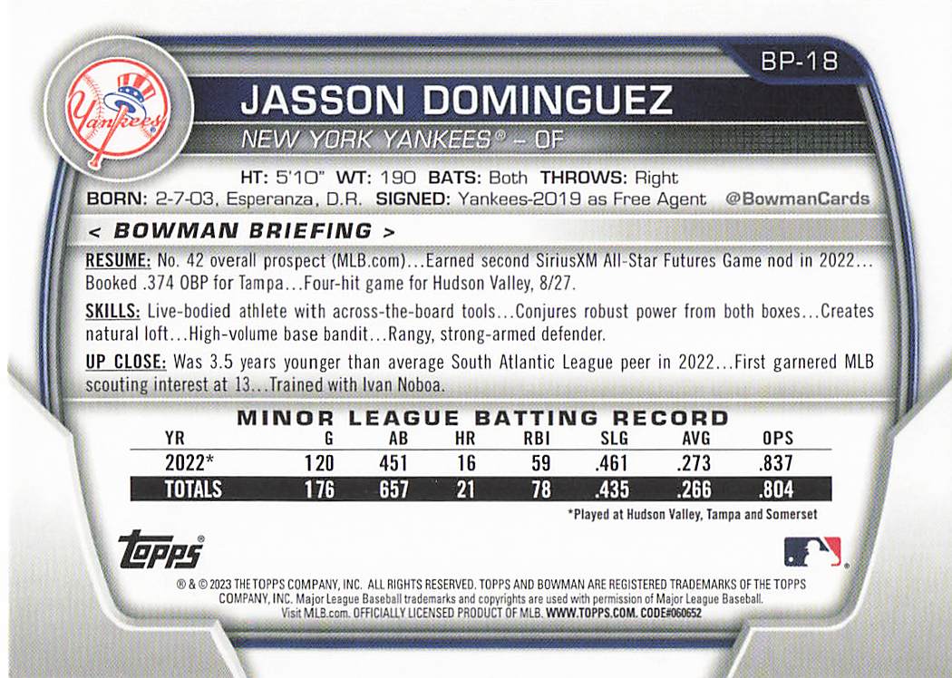 2023 Bowman Baseball Prospects Jasson Dominguez #BP-18