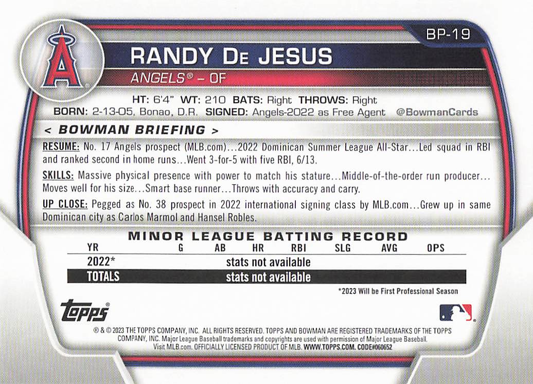 2023 Bowman Baseball Prospects Randy De Jesus #BP-19