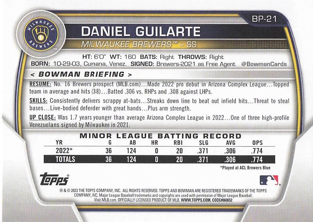 2023 Bowman Baseball Prospects Daniel Guilarte #BP-21