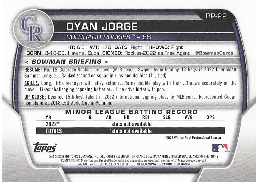 2023 Bowman Baseball Prospects Dyan Jorge #BP-22