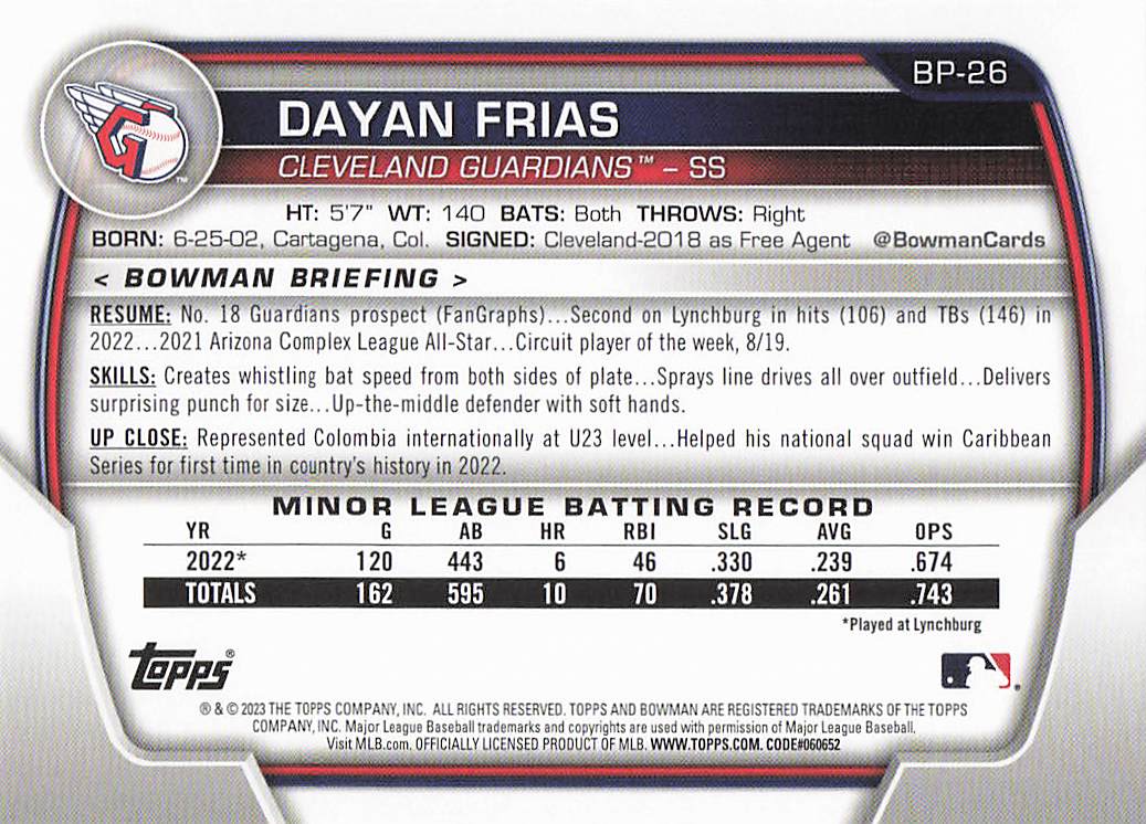 2023 Bowman Baseball Prospects Dayan Frias #BP-26