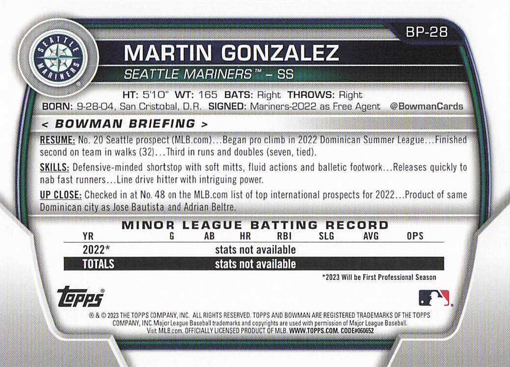2023 Bowman Baseball Prospects Martin Gonzalez #BP-28
