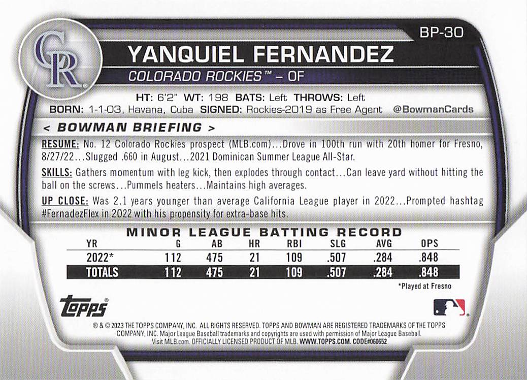 2023 Bowman Baseball Prospects Yanquiel Fernandez #BP-30