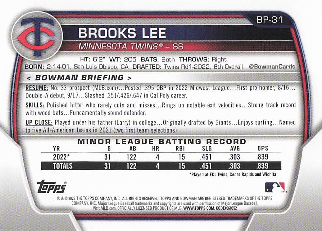2023 Bowman Baseball Prospects Brooks Lee #BP-31