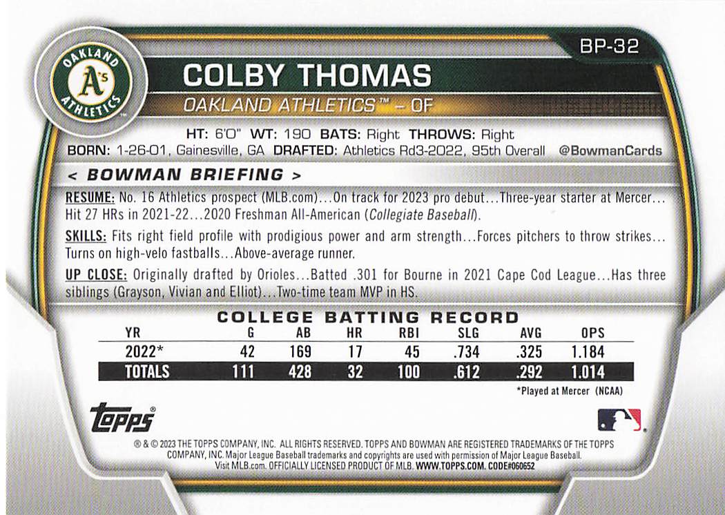 2023 Bowman Baseball Prospects Colby Thomas #BP-32