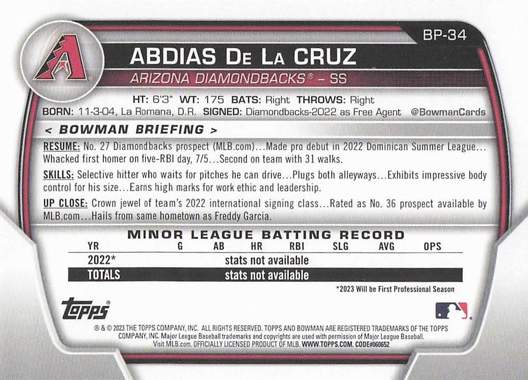 2023 Bowman Baseball Prospects Abdias De La Cruz #BP-34