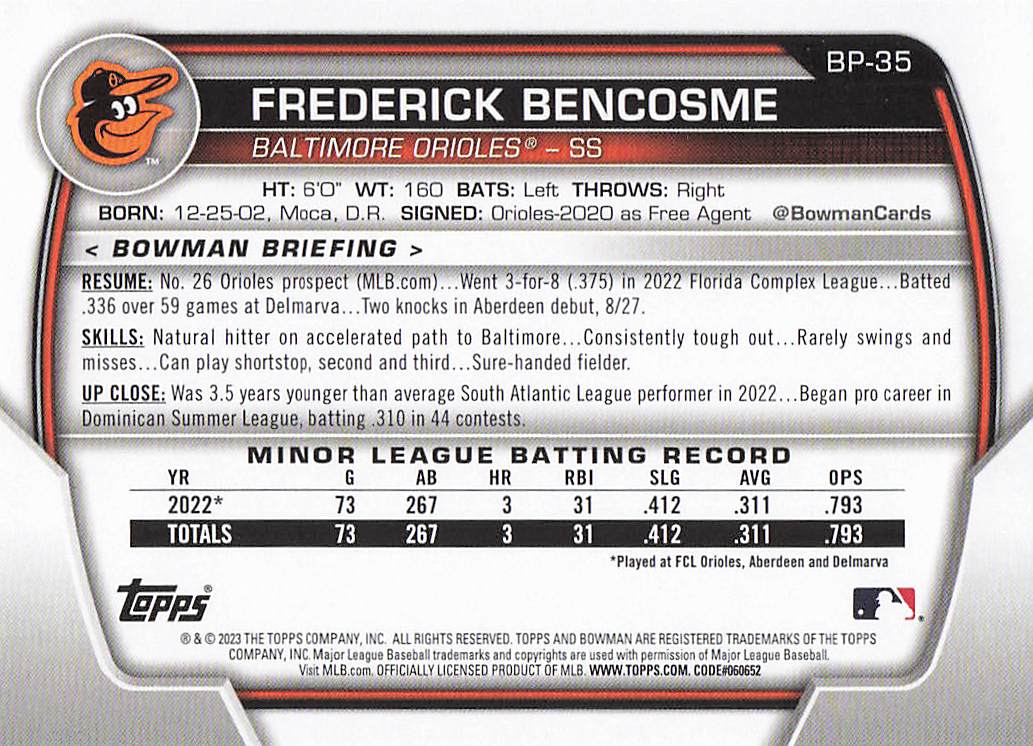 2023 Bowman Baseball Prospects Frederick Bencosme #BP-35