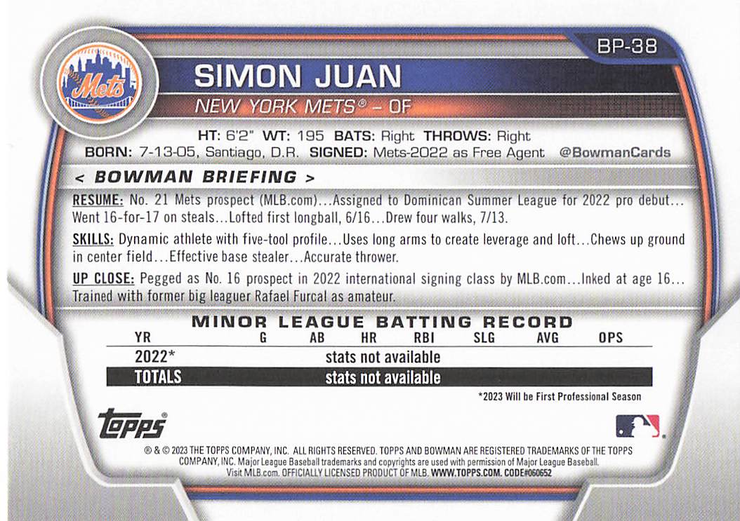 2023 Bowman Baseball Prospects Simon Juan #BP-38