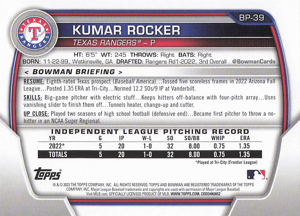 2023 Bowman Baseball Prospects Kumar Rocker #BP-39