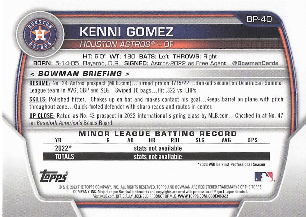 2023 Bowman Baseball Prospects Kenni Gomez #BP-40