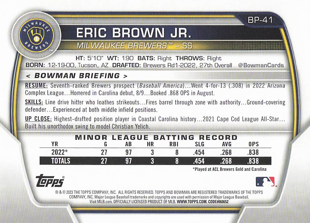 2023 Bowman Baseball Prospects Eric Brown Jr. #BP-41