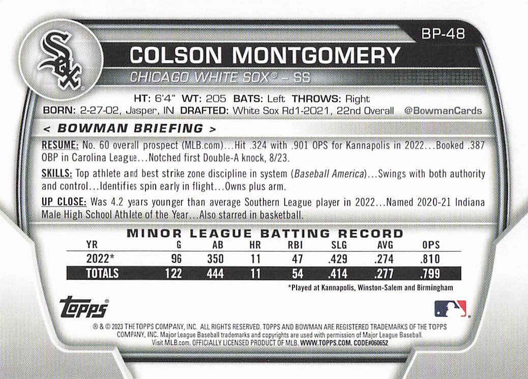 2023 Bowman Baseball Prospects Colson Montgomery #BP-48