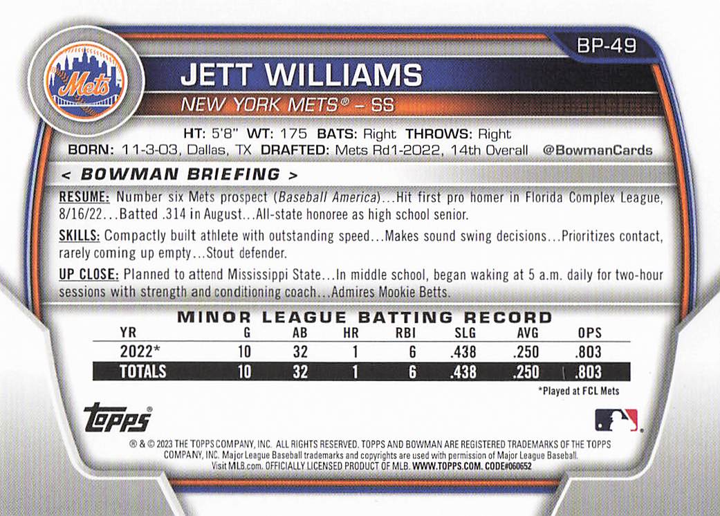 2023 Bowman Baseball Prospects Jett Williams #BP-49