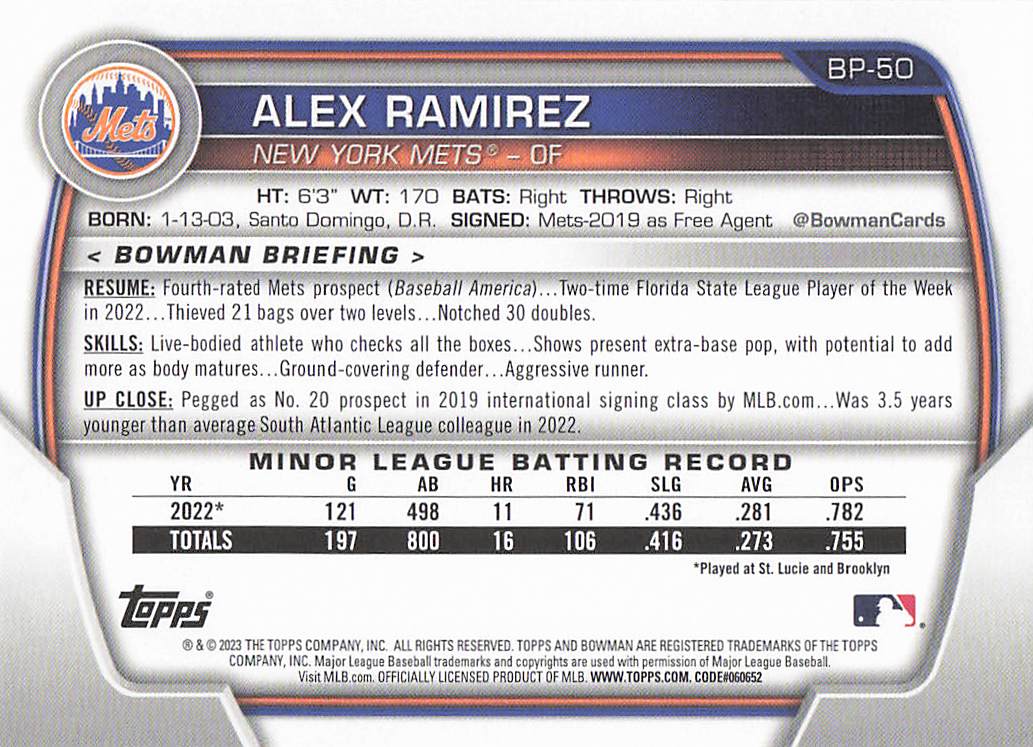 2023 Bowman Baseball Prospects Alex Ramirez #BP-50