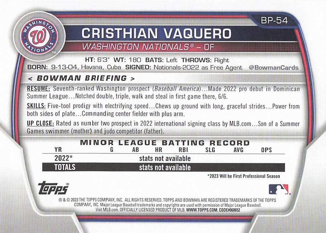 2023 Bowman Baseball Prospects Cristhian Vaquero #BP-54