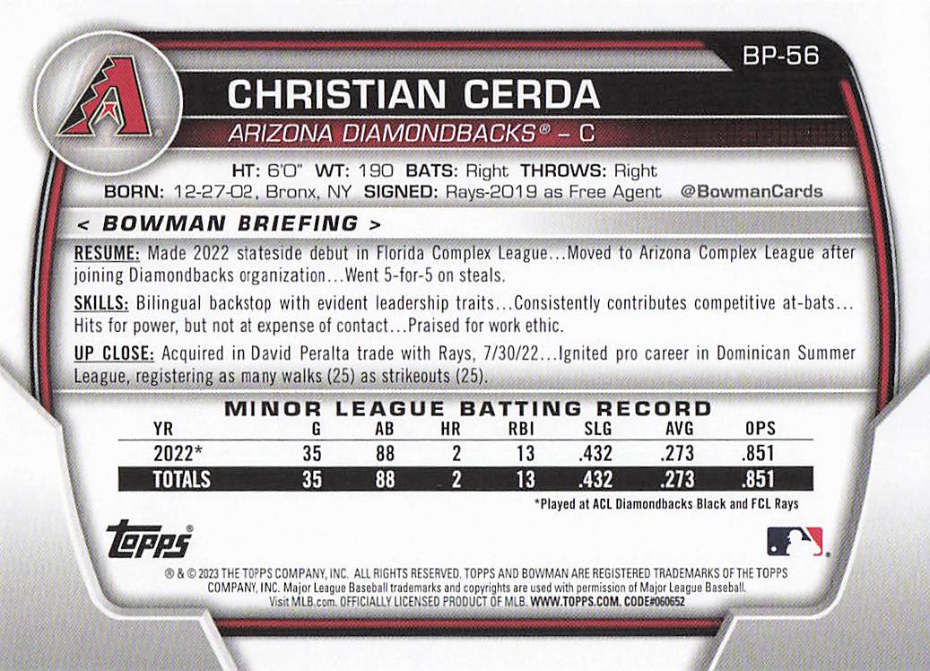 2023 Bowman Baseball Prospects Christian Cerda #BP-56