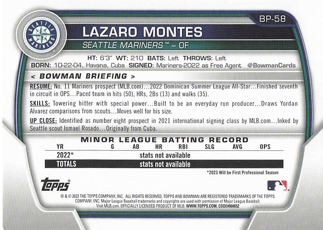 2023 Bowman Baseball Prospects Lazaro Montes #BP-58