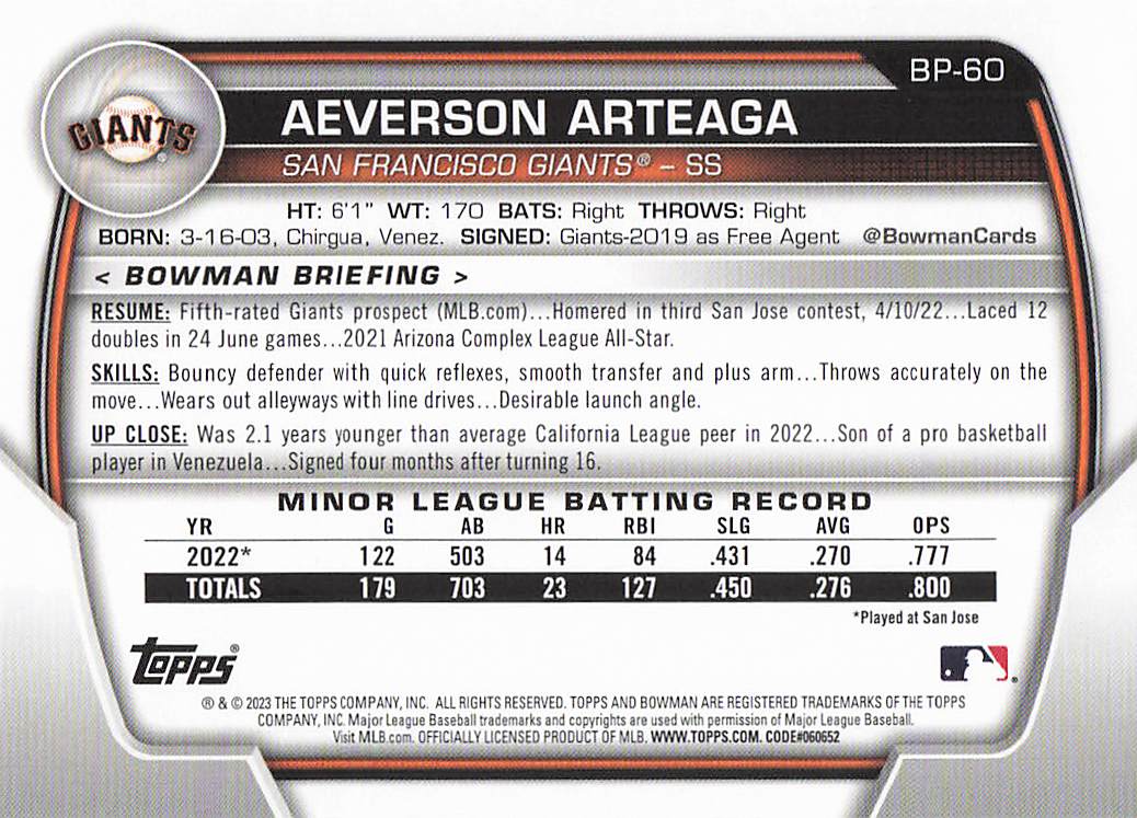 2023 Bowman Baseball Prospects Aeverson Arteaga #BP-60