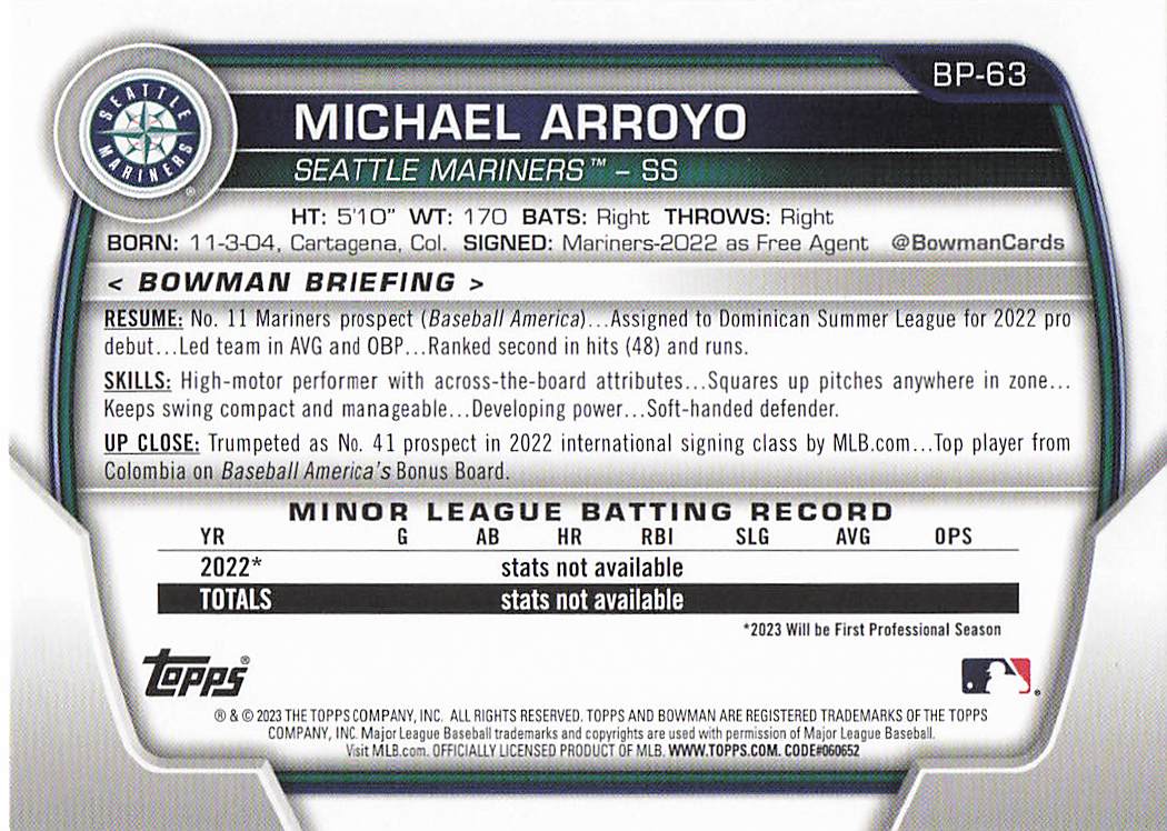 2023 Bowman Baseball Prospects Michael Arroyo #BP-63