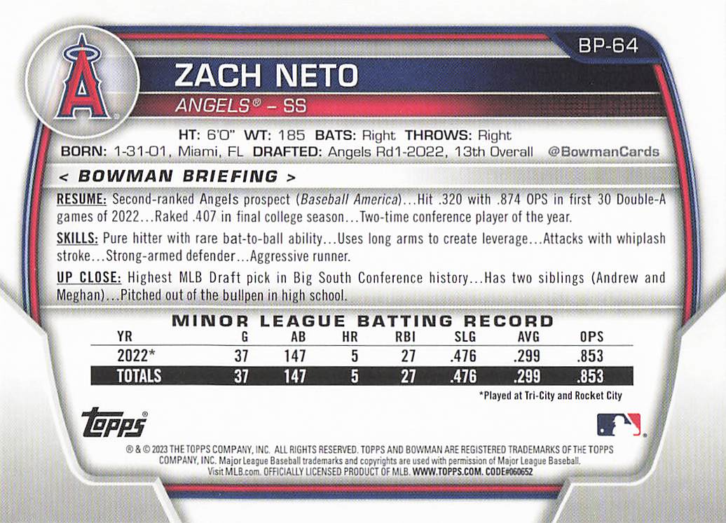 2023 Bowman Baseball Prospects Zach Neto #BP-64