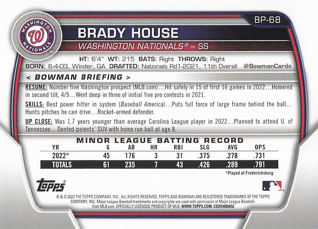 2023 Bowman Baseball Prospects Brady House #BP-68