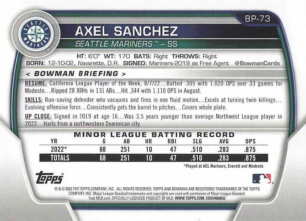 2023 Bowman Baseball Prospects Axel Sanchez #BP-73