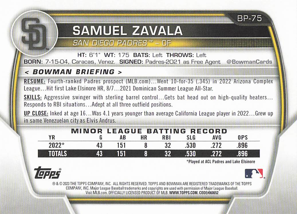 2023 Bowman Baseball Prospects Samuel Zavala #BP-75