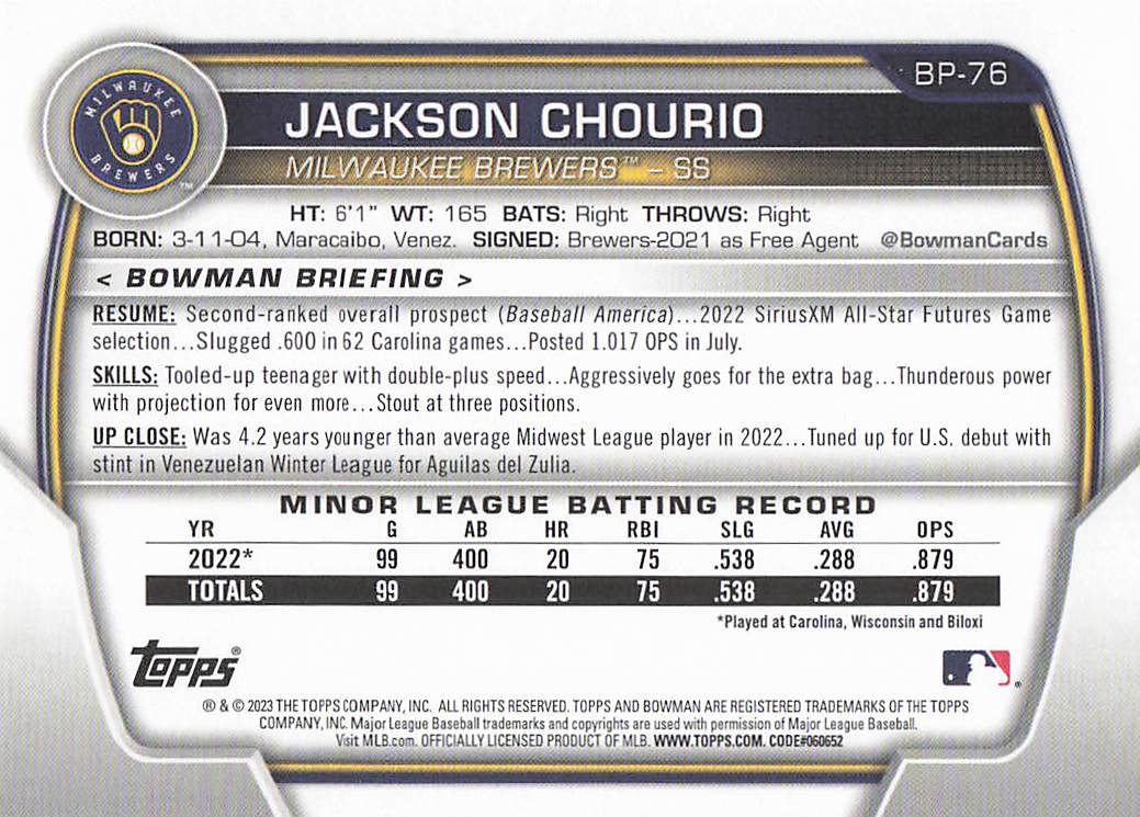 2023 Bowman Baseball Prospects Jackson Chourio #BP-76